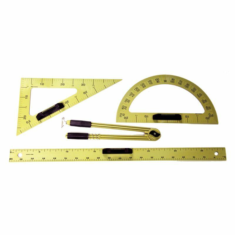 Ensemble plastique aimante comprenant : 1 règle 1 m, 1 équerre 60°, 1  rapporteur 180°, 1 compas 45 cm, à 3 pieds rotatifs.